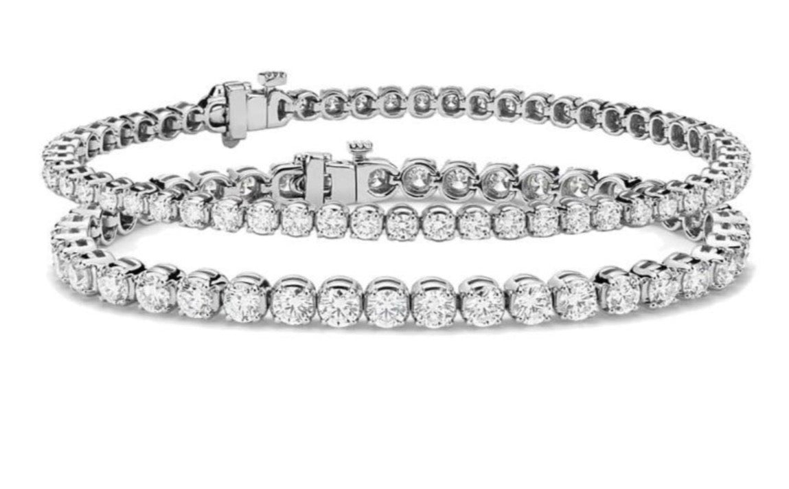 Two lab-grown diamond tennis bracelets in varying carat weights.